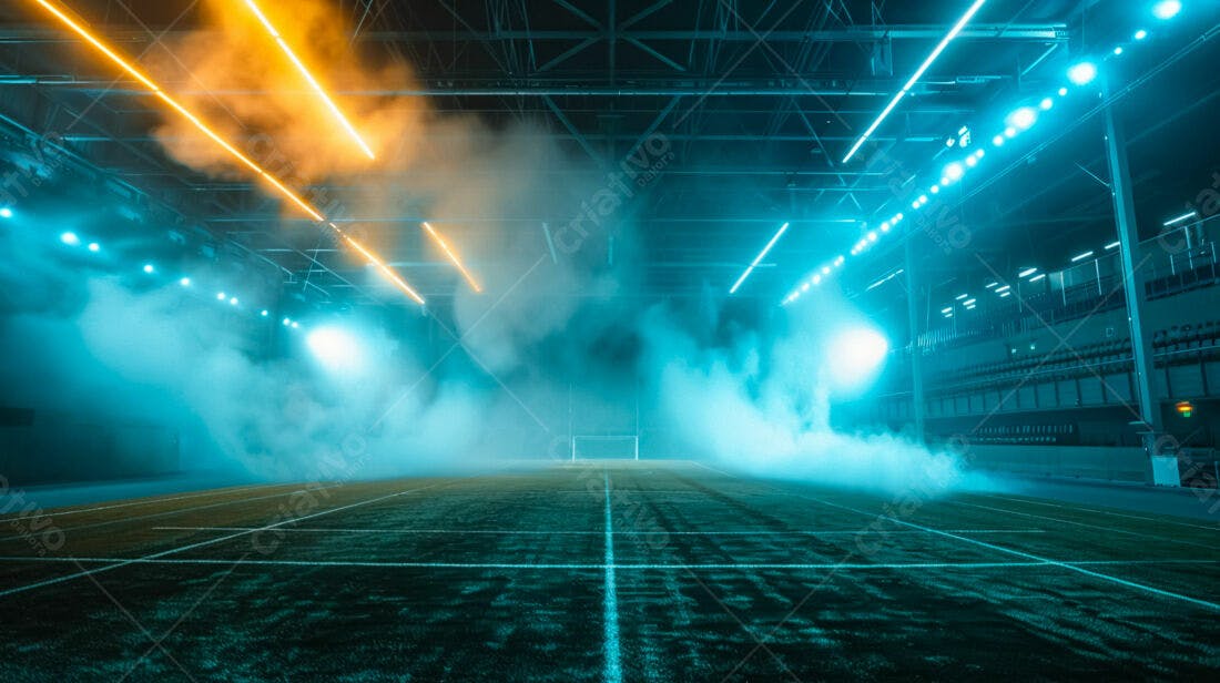 Campo de futebol noturno com iluminação azul e laranja