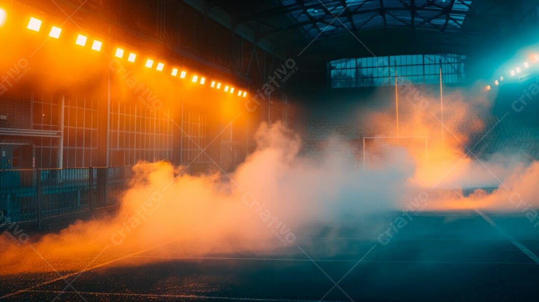 Campo de Rugby Noturno com Nevoeiro Laranja