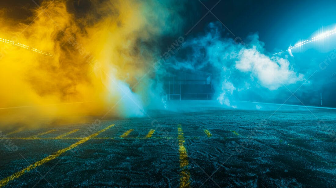 Campo de futebol noturno com fumaça azul e amarela