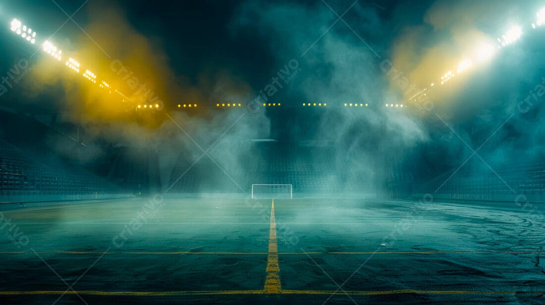 Estádio de futebol com neblina noturna