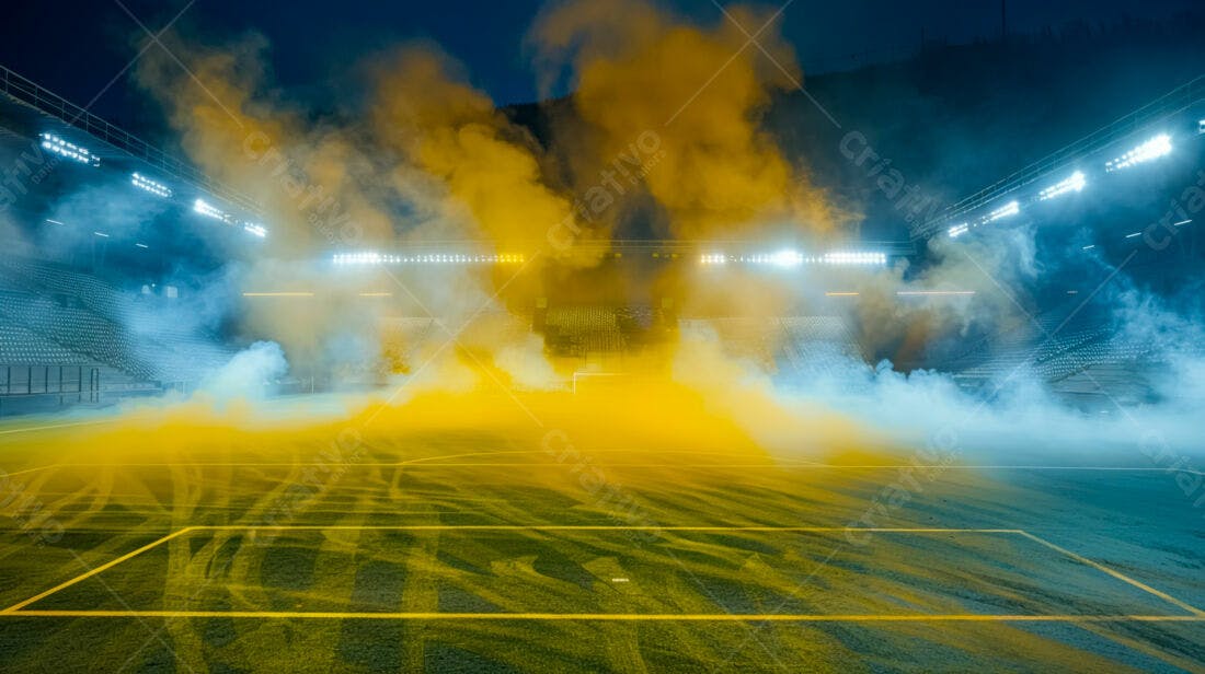 Estádio com fumaça amarela e azul