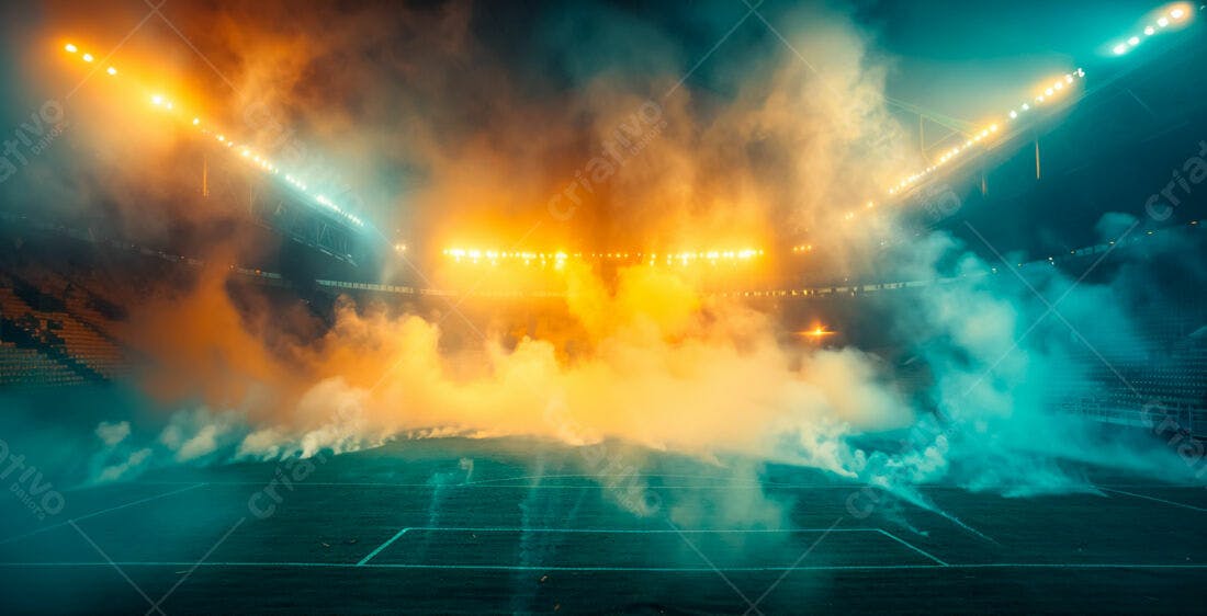 Estádio com fumaça colorida e luzes