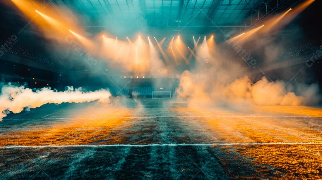 Campo de futebol com fumaça e luzes
