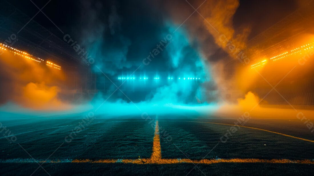 Campo de futebol noturno com fumaça azul e laranja