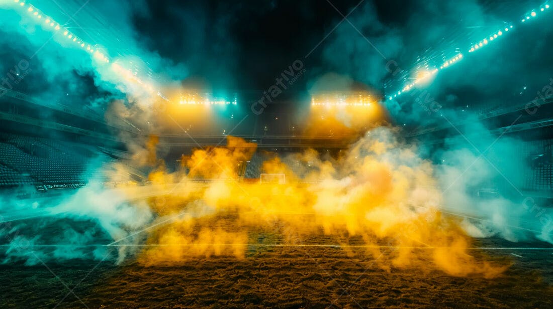 Estádio com fumaça amarela e azul