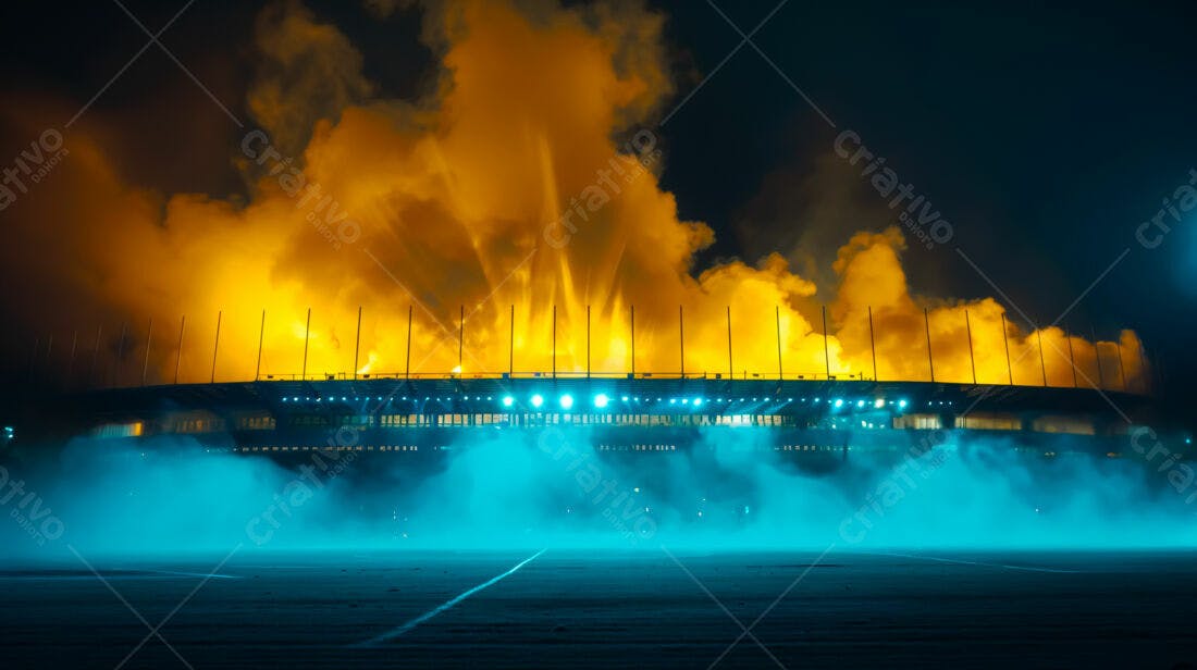 Estádio iluminado com fumaça amarela e azul