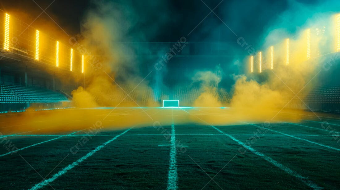 Campo de futebol noturno com fumaça amarela e azul