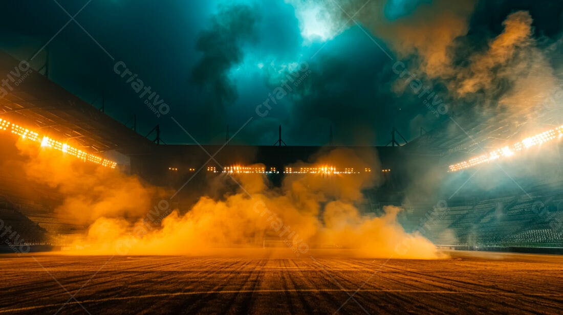Estádio com fumaça laranja e luzes noturnas