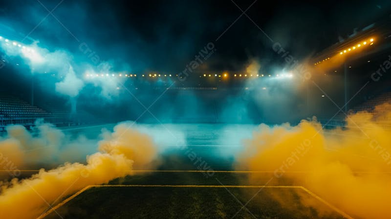 Estádio de futebol modernizado cheio de fumaça e iluminado por luzes