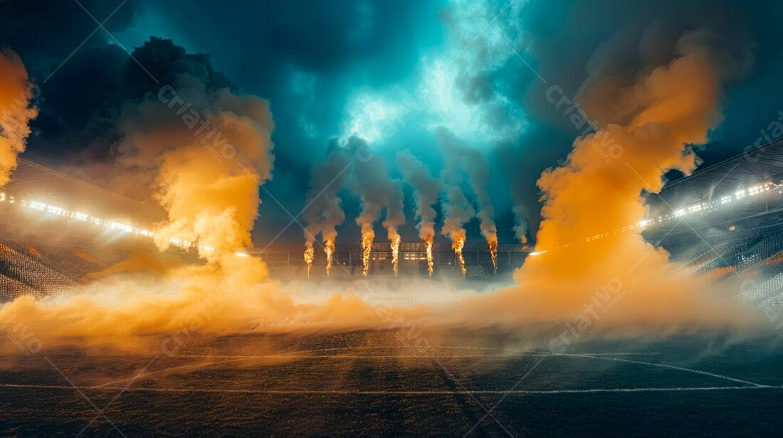 Estádio com fumaça laranja e azul noturno