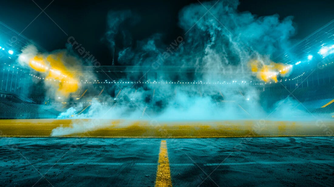 Campo de futebol noturno com fumaça azul e amarela
