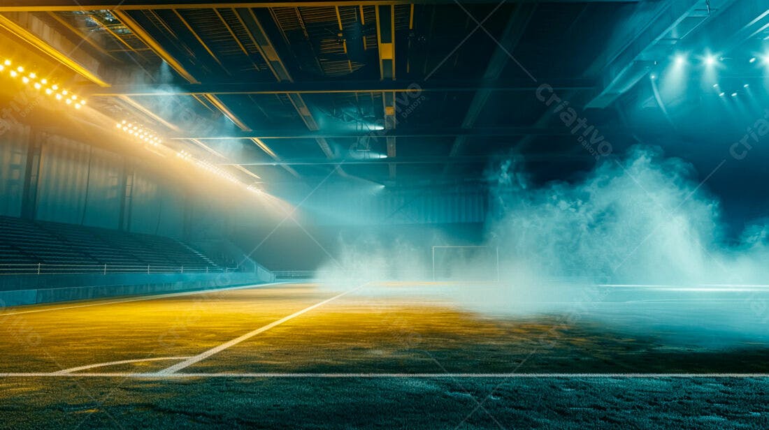 Campo de futebol noturno com névoa