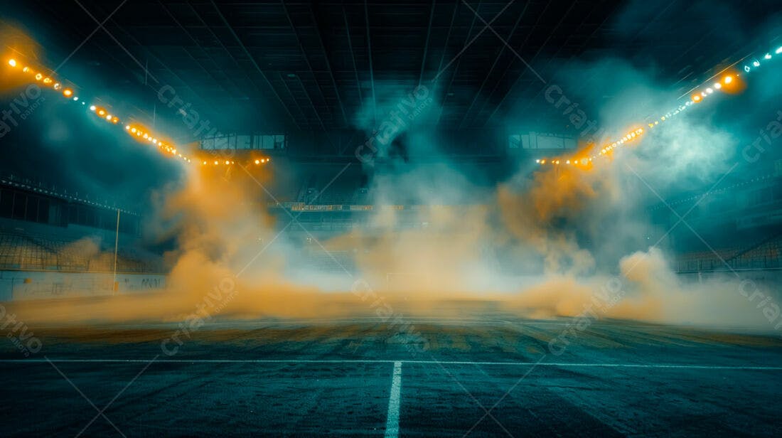 Estádio com fumaça e luzes noturnas