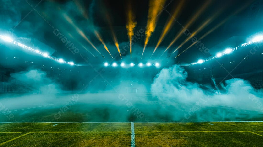 Estádio de futebol noturno com fumaça
