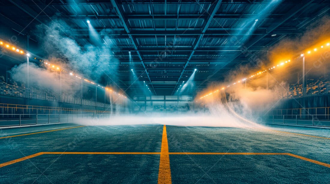Pista de corrida com fumaça e luzes azuis