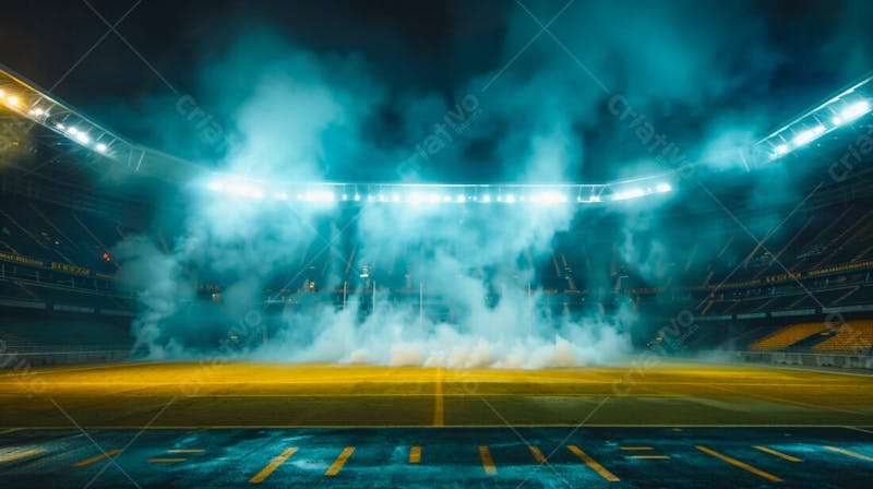 Estádio de futebol modernizado cheio de fumaça e iluminado por luzes