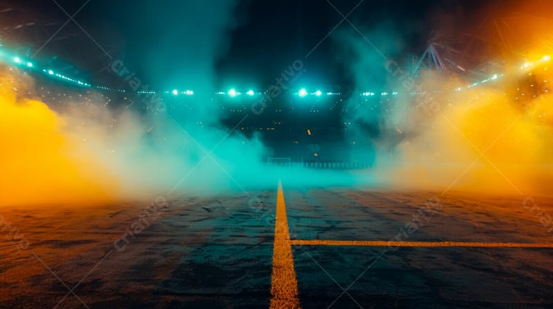 Estádio de futebol modernizado cheio de fumaça e iluminado por luzes