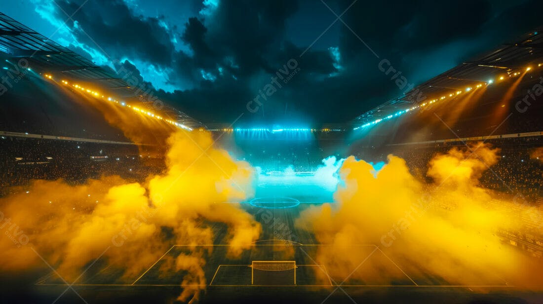 Estádio de futebol com fumaça amarela e luzes azuis