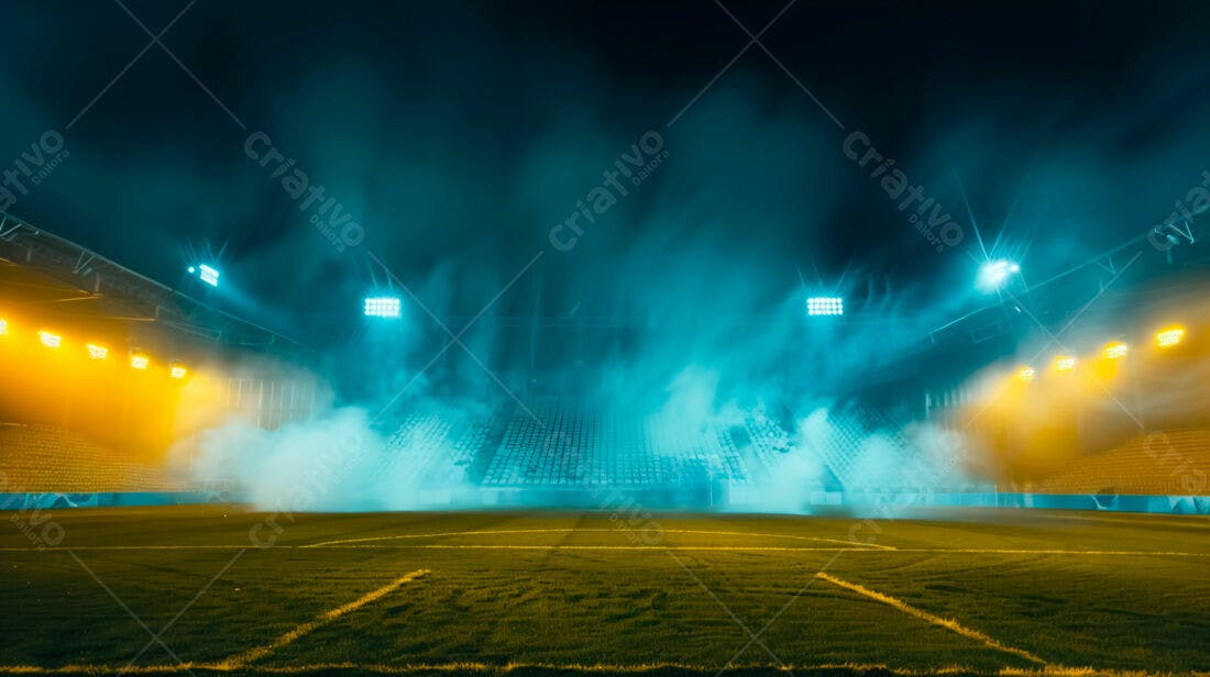 Estádio de futebol noturno com fumaça