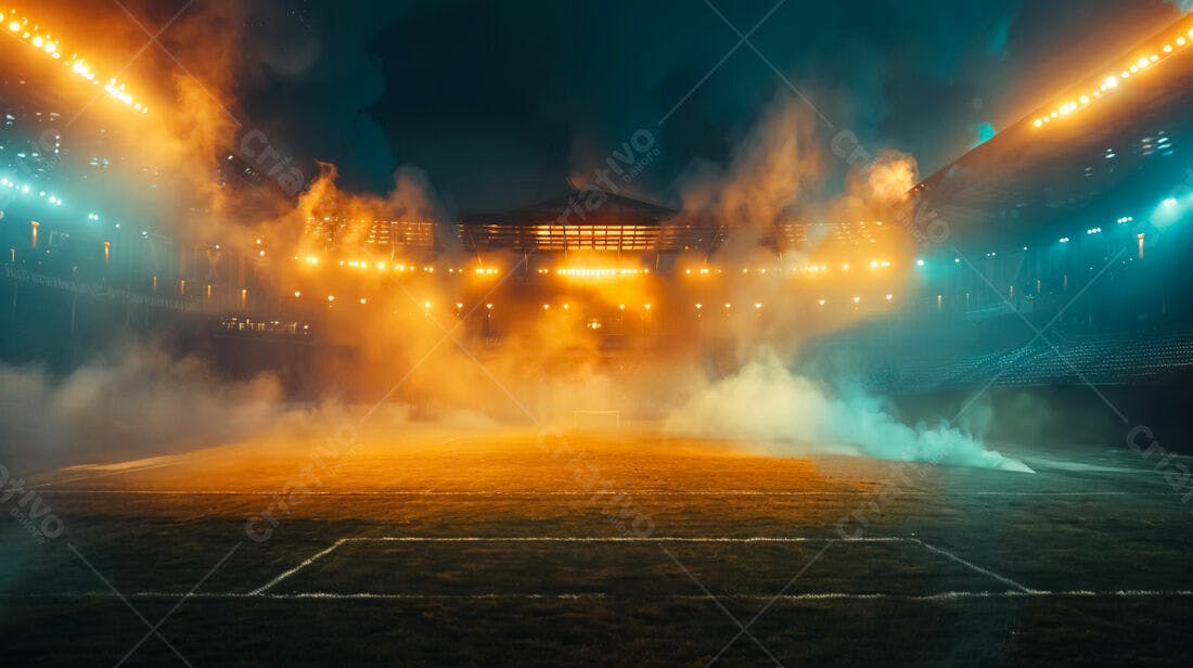 Campo de futebol noturno com fumaça e luzes