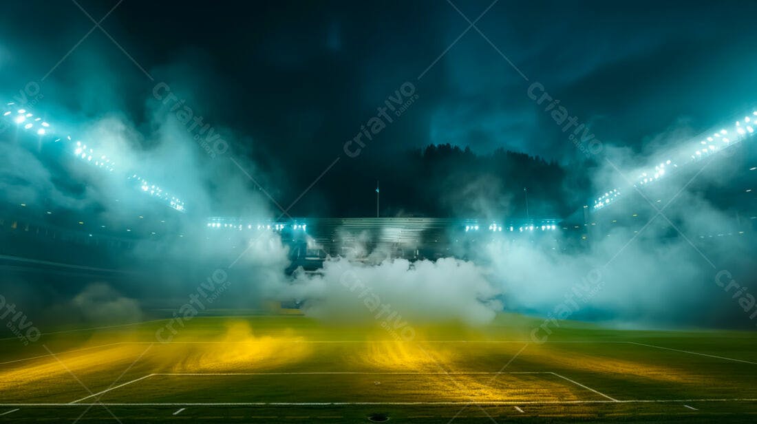 Estádio de futebol noturno com fumaça