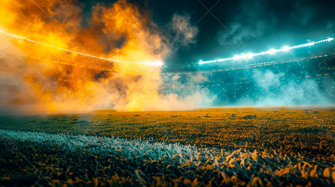 Campo de futebol noturno com fumaça laranja e azul
