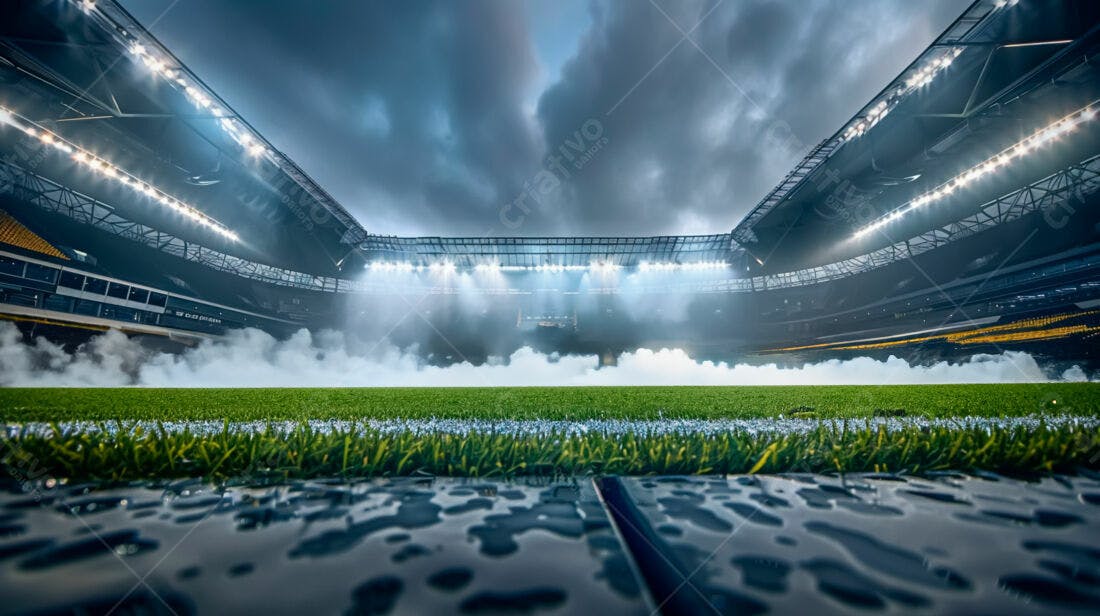 Estádio de futebol noturno sob chuva