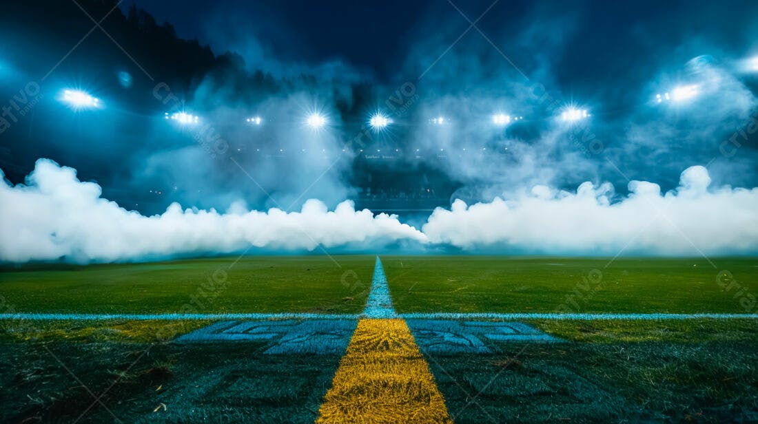 Campo de futebol noturno com fumaça