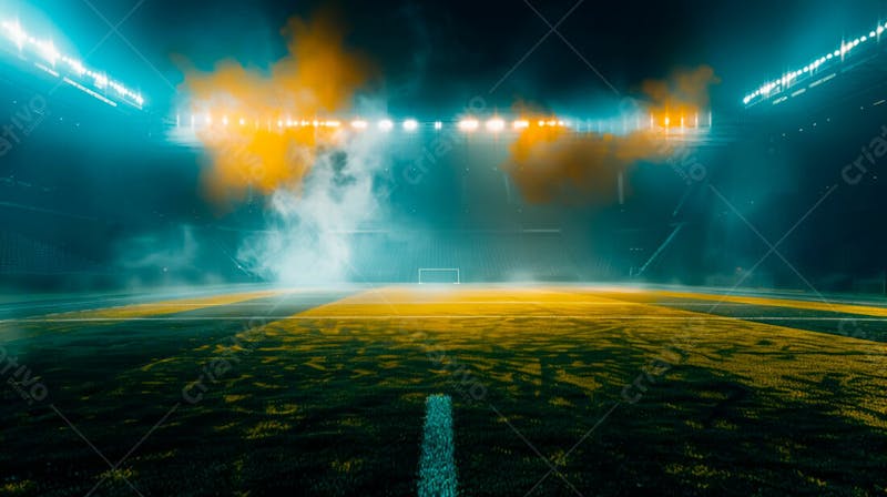 Estádio de futebol modernizado cheio de fumaça e iluminado por luzes