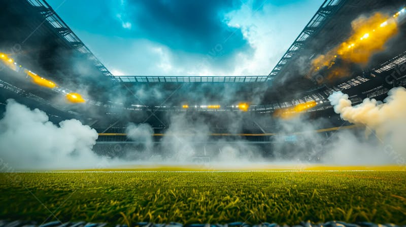 Estádio de futebol modernizado cheio de fumaça e iluminado por luzes