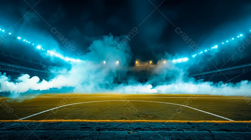 Estádio de futebol modernizado cheio de fumaça e iluminado por luzes