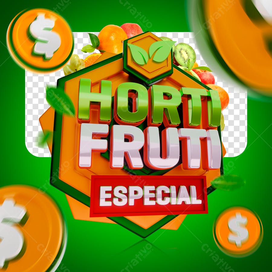 Selo 3D promocional frutas verde e laranja