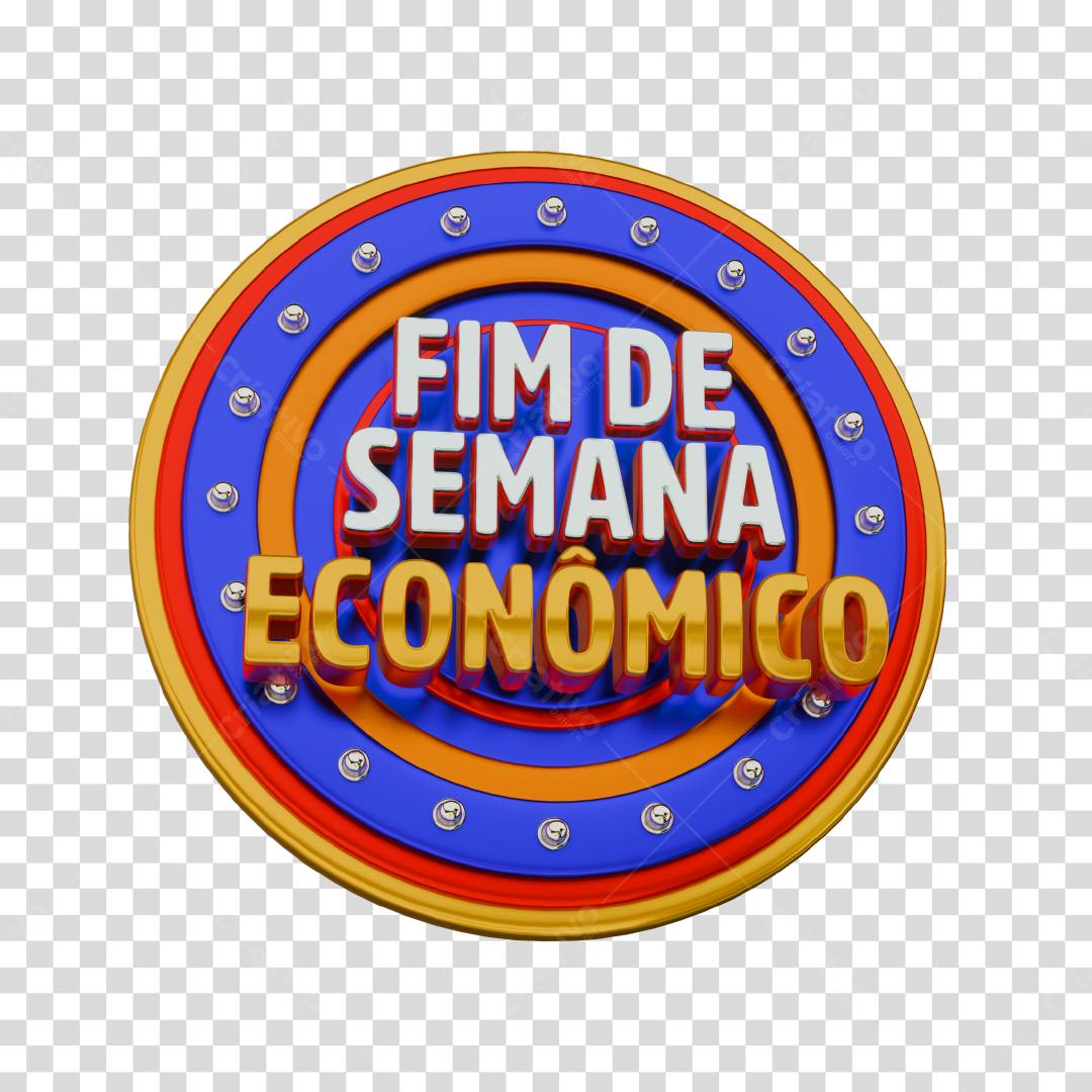 Selo 3D promocional Fim de Semana Econômico azul, vermelho e dourado