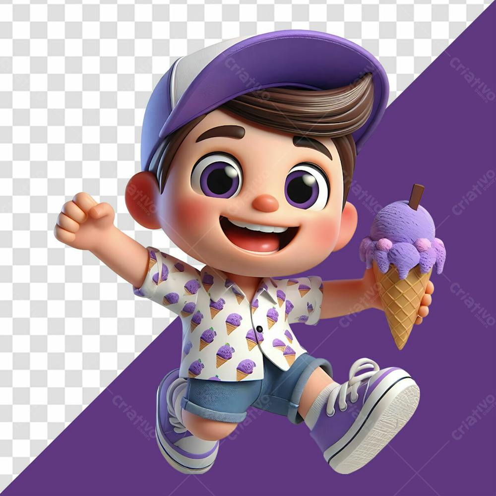 Elemento 3D Menino Alegre Com Roupa Roxa Segurando Uma Casquinha Com Sorvete Roxo