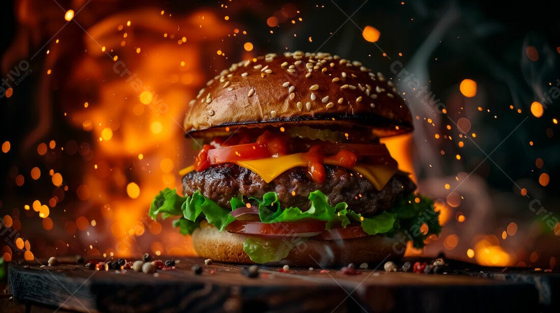 Hambúrguer suculento com fogo ao fundo