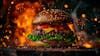 Complete burger, on top of a board with sparks background