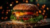 Complete burger, on top of a board with sparkling background