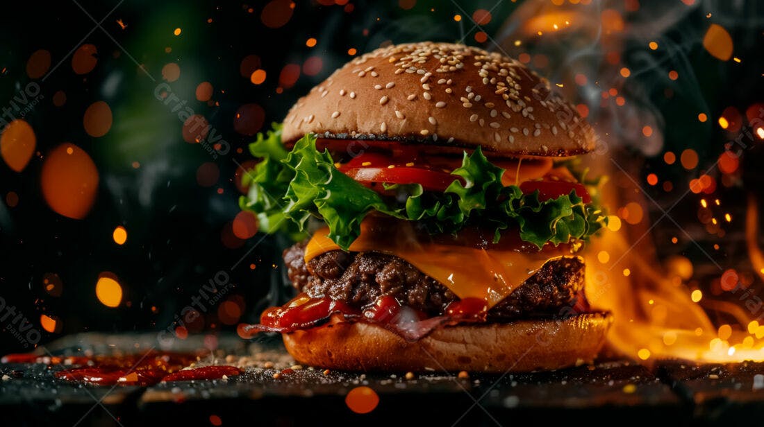 Hambúrguer suculento com queijo e bacon em chamas