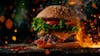 Full burger, on top of a board with sparks background