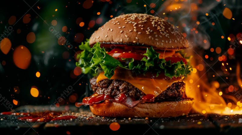 Hambúrguer completo, em cima de uma tábua com fundo com faíscas