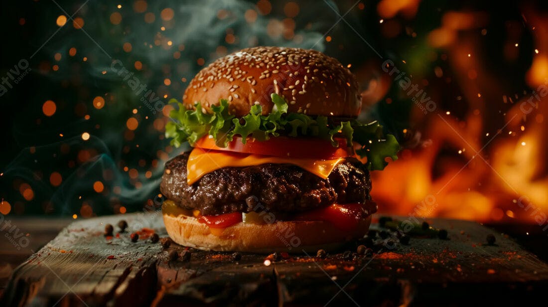 Hambúrguer suculento com queijo derretido e fogo ao fundo