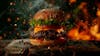 Full hamburger, on top of a board with sparkling background.