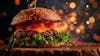 Complete burger, on top of a board with sparkling background