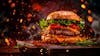 Complete burger, on top of a wooden board with sparkling background.