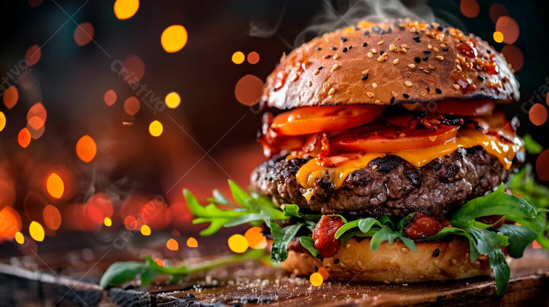 Hambúrguer suculento com queijo cheddar e bacon
