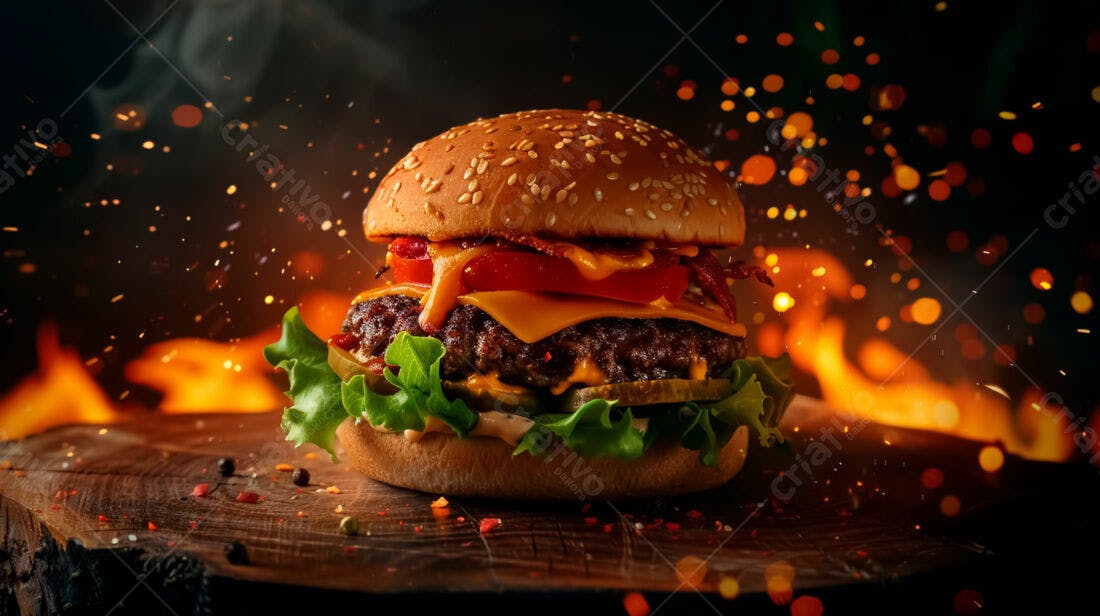Hambúrguer suculento com bacon e queijo fogo