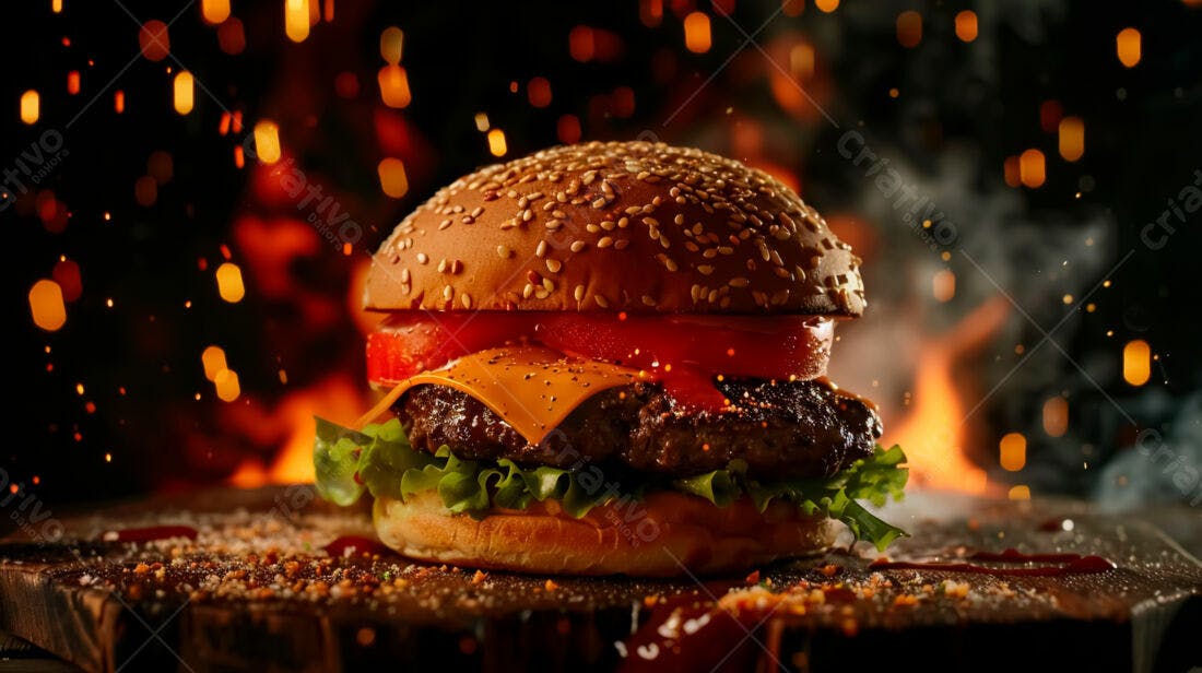 Hambúrguer suculento com queijo e fogo
