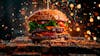 Full burger, on top of a board with sparks background