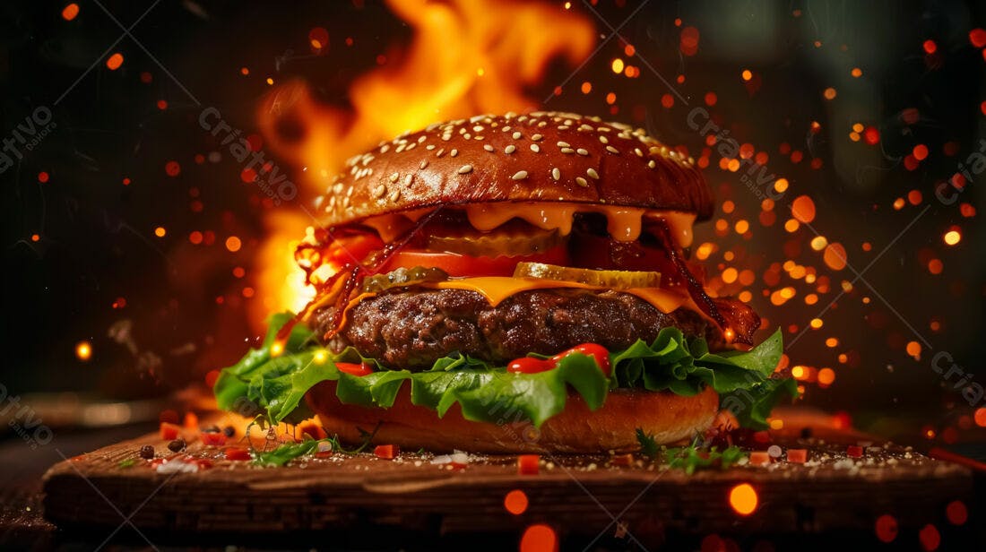 Hambúrguer suculento com fogo ao fundo