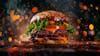 Complete burger, on top of a board with sparkling background